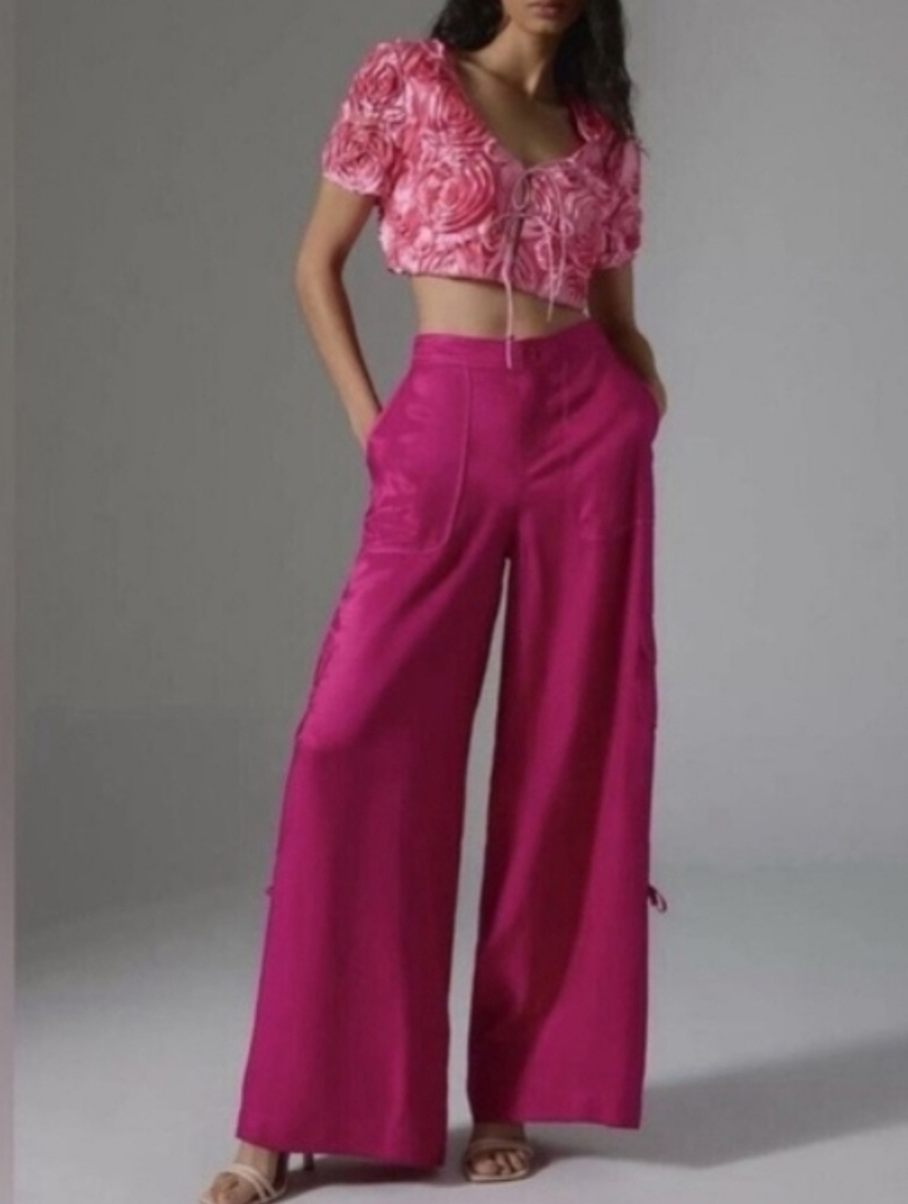 By Anthropologie Wide Leg Cargo Pants Size 8 Pink Raspberry Satin Palazzo NWT